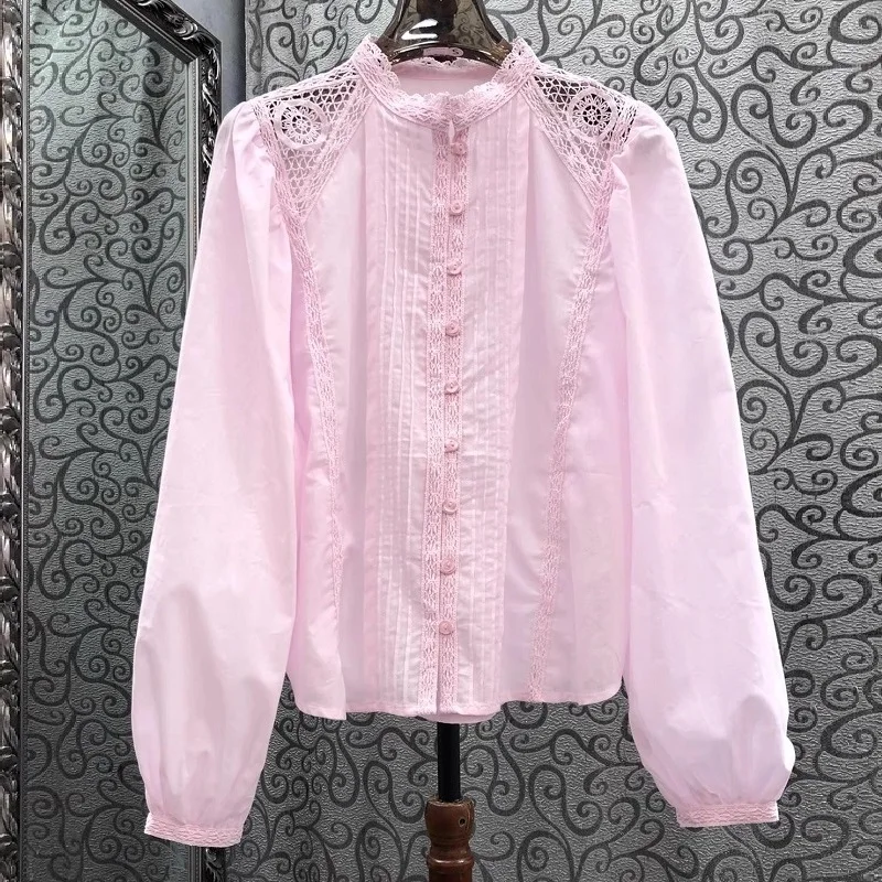 

100%Cotton Shirts 2025 Autumn Style Women Crochet Lace Embroidery Patchwork Long Sleeve White Pink Elegant Button Shirts OL