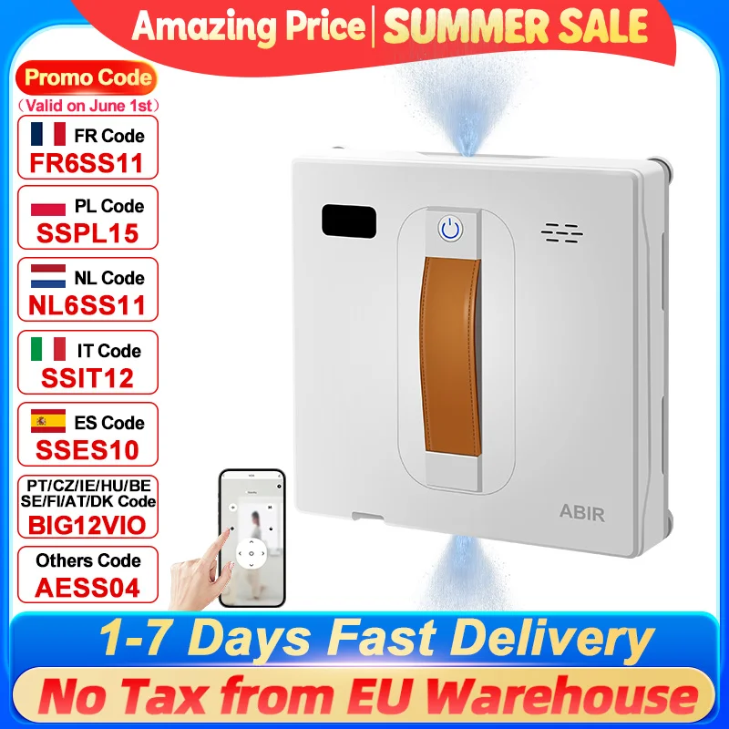 (code promo: EU6006) Nettoyeur de fenêtres robot ABIR WD8,Double Pulvérisation d'Eau, Mémoire Intelligente, Aspiration Puissante, Capteur Laser, Robot de Nettoyage de Vitres Murales à Domicile,