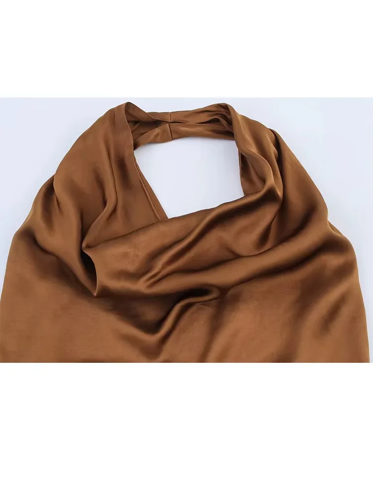 HH Women 2025 Spring New Slim Satin Texture Solid Sleeveless Midi Dress Female Hanging Neck Collar Hollow Out Long Dress