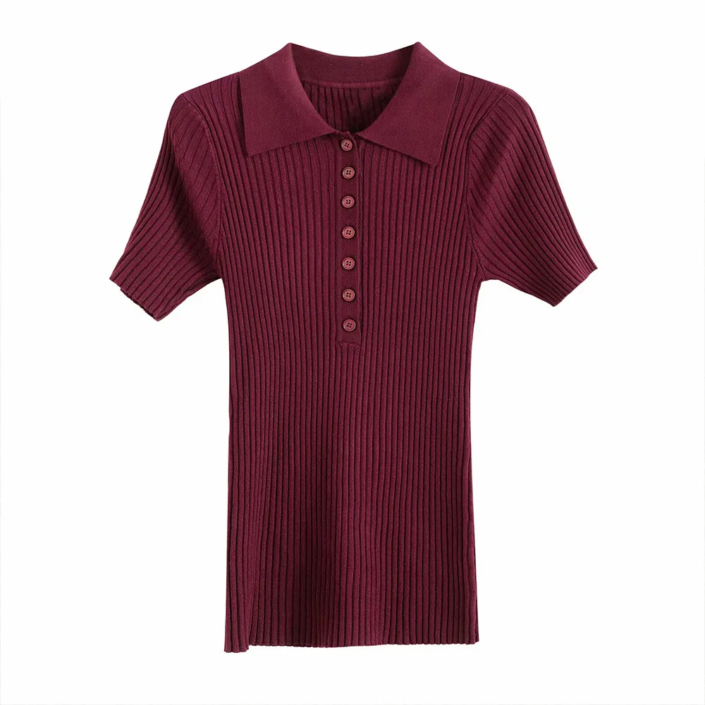 

женский ретро текстурированный вязаный свитер с воротником с лацканами, тонкая талия, однобортная однотонная рубашка с короткими рукавами, универсальный женский топ