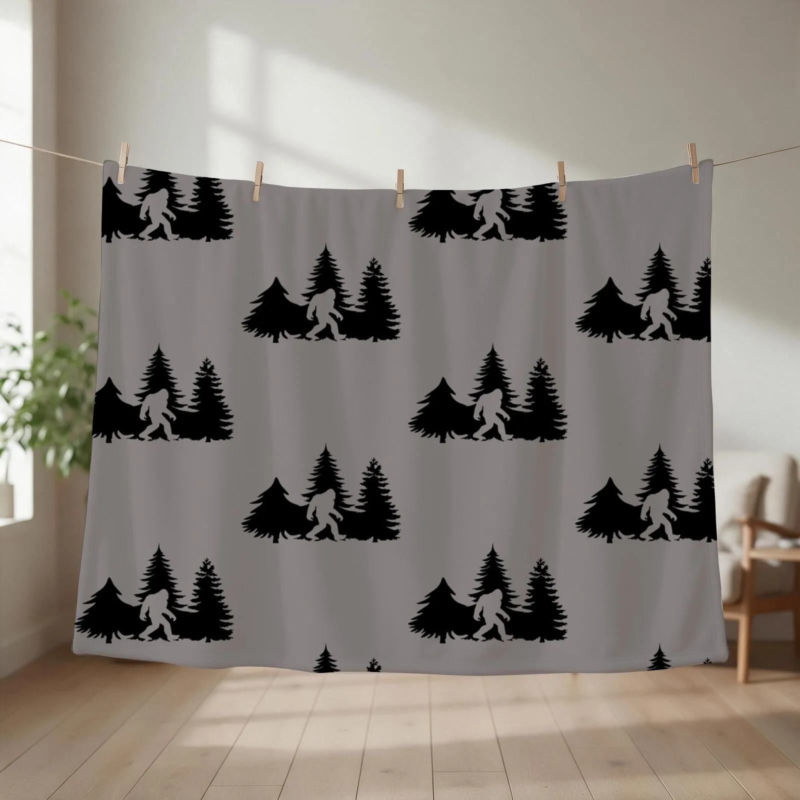 Bigfoot Silhuette in the Forrest Throw Blanket couch cozy soft plush fuzzy picnic outdoor blanket
