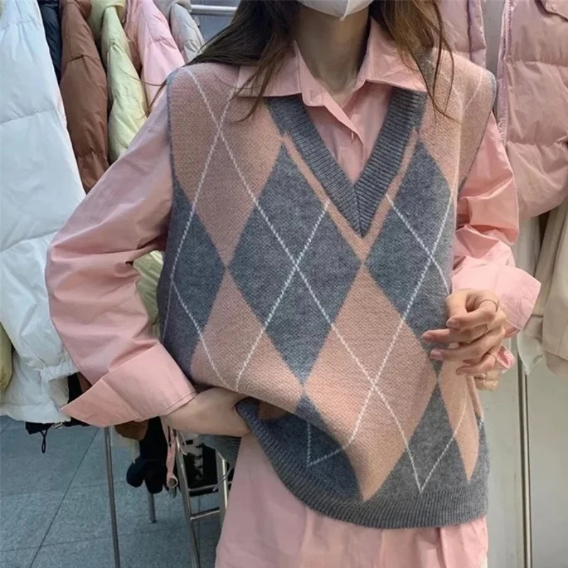 Argyle سترة سترة للنساء المتضخم الخامس الرقبة متماسكة سترة بلا أكمام البلوز تانك القمم الربيع الصيف 2026 اسكواش الزي #1