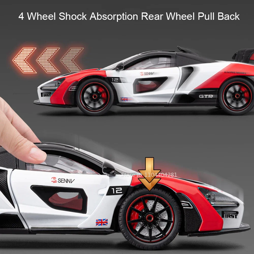 1:24 Senna GTR 720S Miniature Model Alloy Diecast Sports Car Toys Front Wheel Steering Sound Light Pull Back Boys Festival Gifts