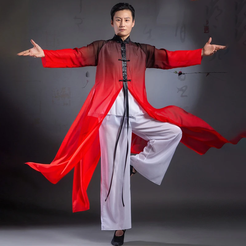 Mannen Chinese Klassieke Dans Uitvoering Kostuum Elegante Chiffon Flowy Gradiënt Inkt Gewaad Tai Chi Kungfu Martial Art Uniform