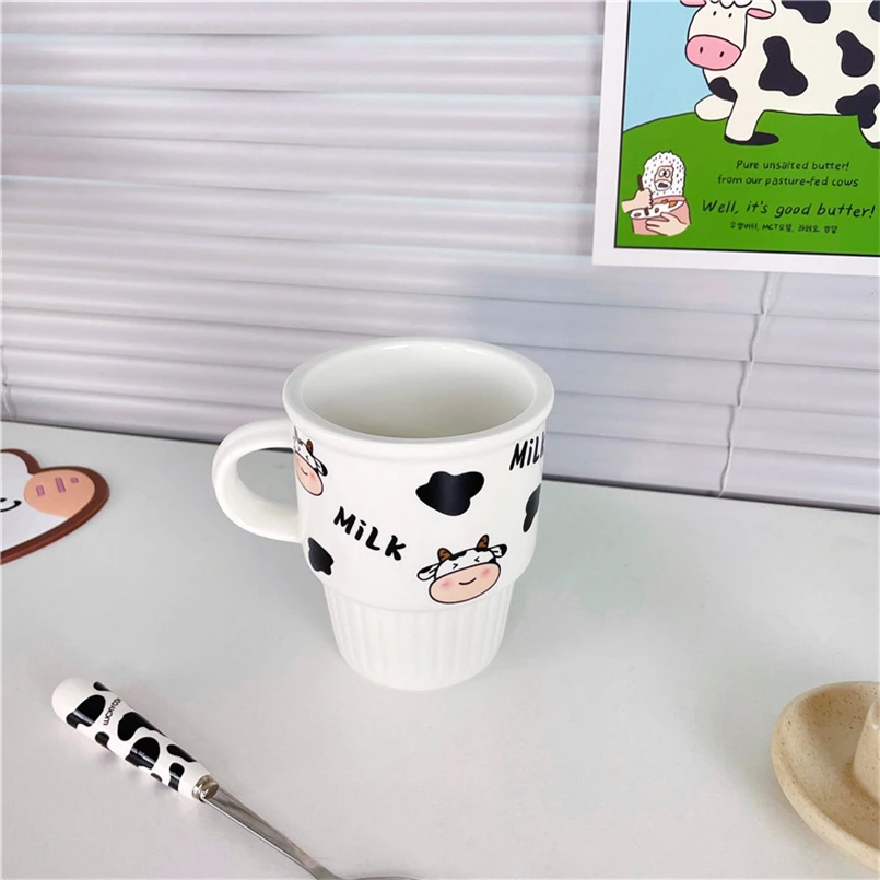 Korean-style Striped Ins Simple Cute Mug Cartoon Cow Household Heat-resistant Ceramic Cup with Lid and Spoon for Breakfast