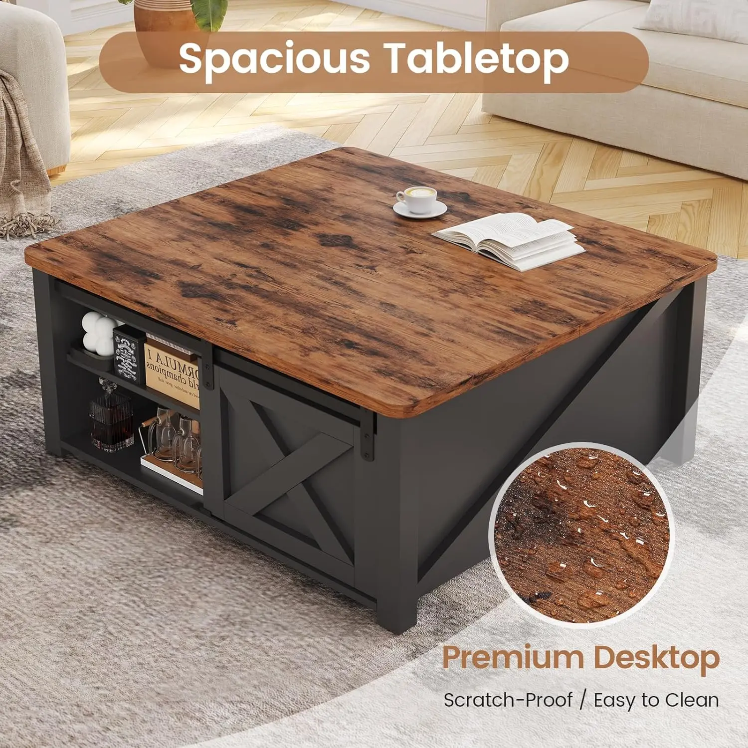 Lift Top Coffee Table com Armazenamento, Mesa de centro quadrada para sala de estar, Mesa de café da fazenda com grande armazenamento oculto, 31,5"