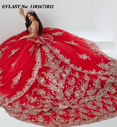 EVLAST Customized Mexican Red Quinceanera Dress Ball Gown Silver Lace Applique Beading Bow Tiered Vestidos De XV Anos SQ318