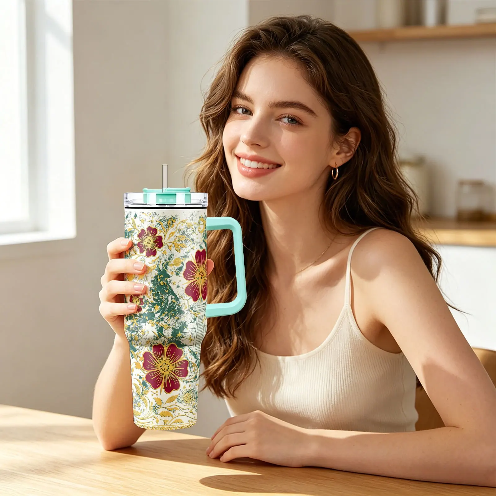 1pc 40Oz Insulated Tumbler, Cold Cup And Mug, Lid with Straw Multicolor Handle Design, Floral Architectural Pattern, Suitable for Home, Restaurant, Outdoor Sports, Car Use, Multi-Purpose Water Bottle, Ideal Gift Choice for Her/Him, Christmas