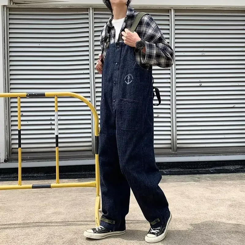 Men Full Length Denim Overalls Adjustable Shoulder Strap Jumpsuit Loose Bib Overalls Men Clothing Biker Pants Jeans with Pockets