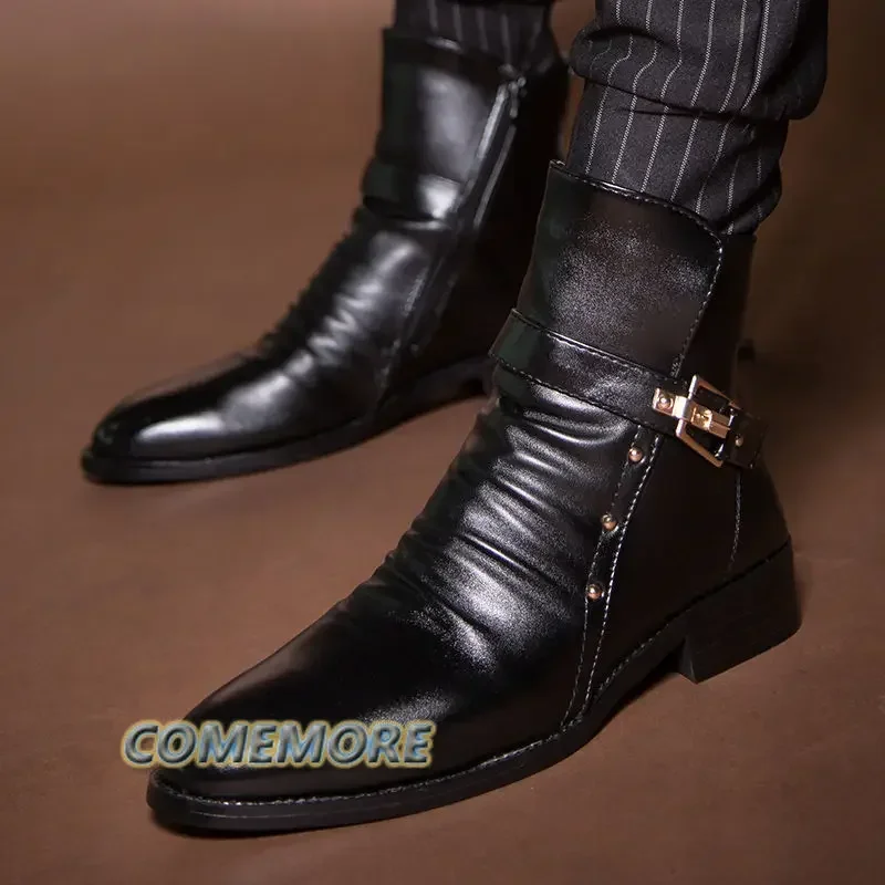 2023 Men\'s Leather Boots Pointed Fashion British High Quality High Top PU Business Shoes Casual Autumn Winter Male Boots Black