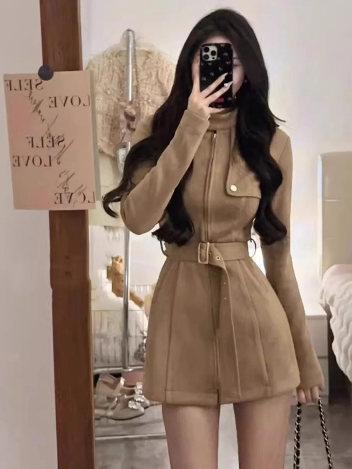 

Retro Spicy Girl Stand Collar Suede Dress Jacket Women's Slim Fit Waist Cinch Short Skirt Set Spring Autumn Fashion Set