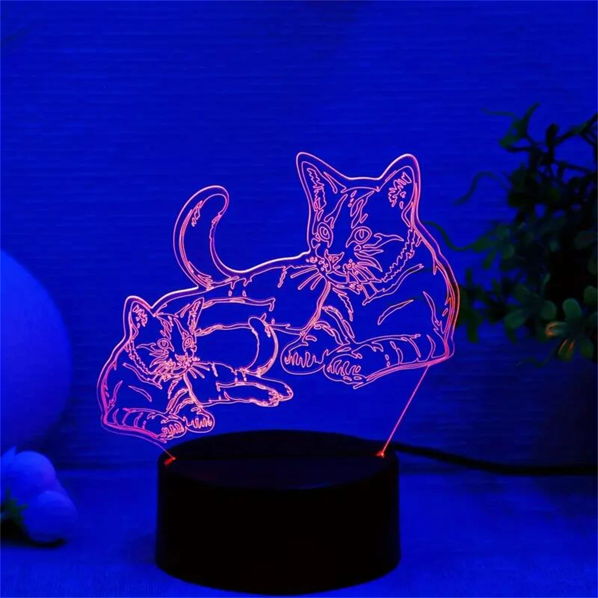 1pc Two Cats 3D Night Light, 3D Optical Illusion Lamp With Touch, 7-Color Changing Ambient Light For Bedroom