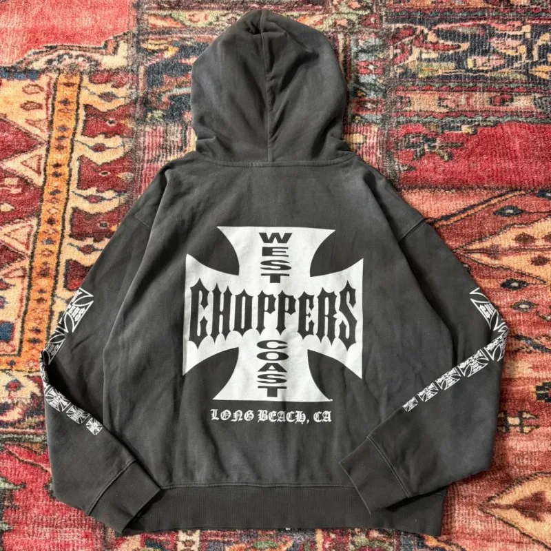 Vintage Distressed Washed Worn Grey West Coast Choppers Jackets White Cross Pattern Zippered Hoodie Men Women Oversize Outfit