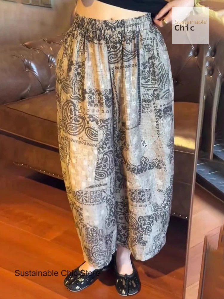 National retro print sunscreen wide-leg pants women's summer new thin loose slim plus size casual eight straight bloomers.