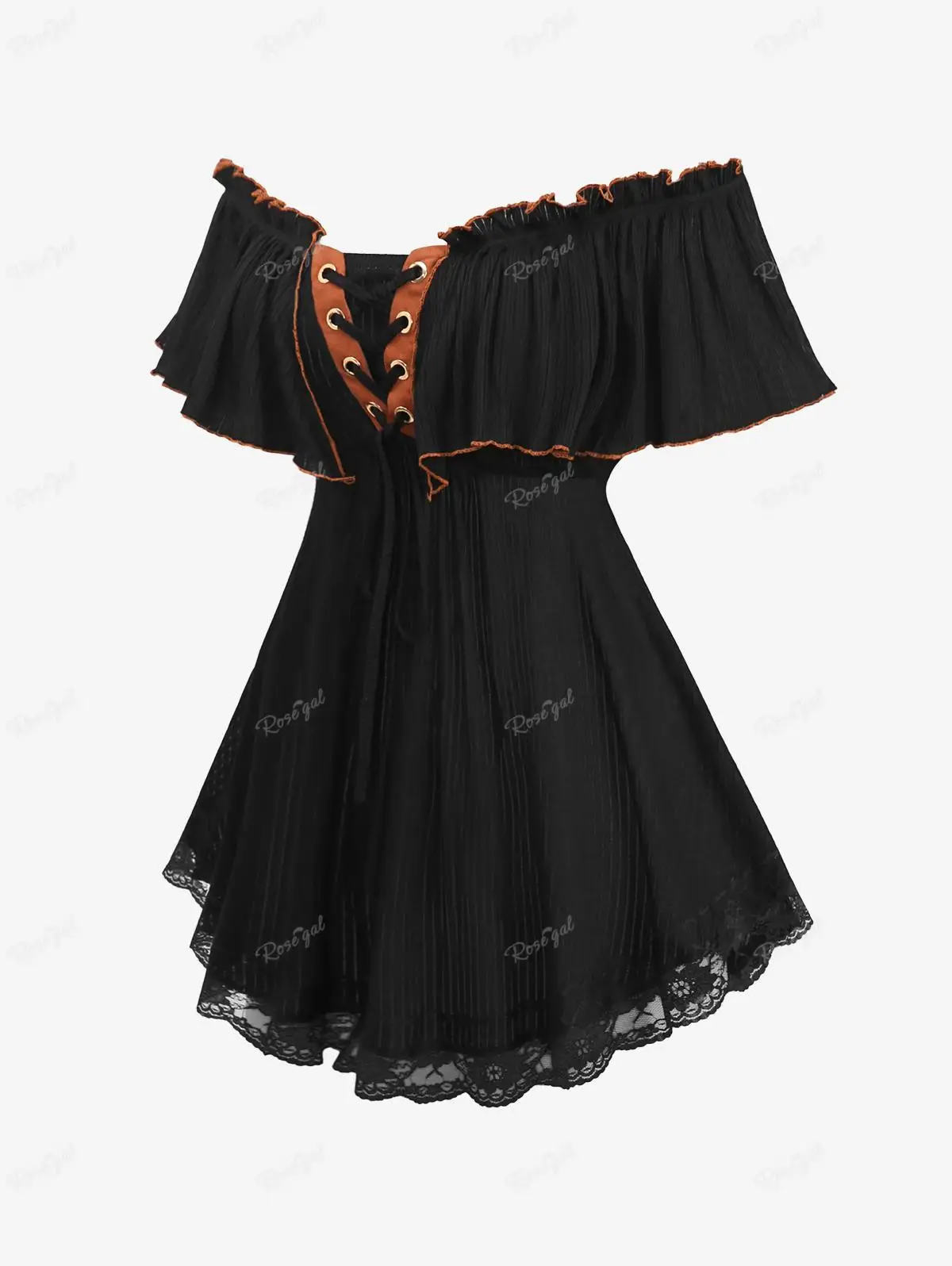 ROSEGAL Plus Size Off The Shoulder Lace Up Textured T-Shirts Black Lace-trim Ruffles Panel Short Sleeves Top Women Casual Tees