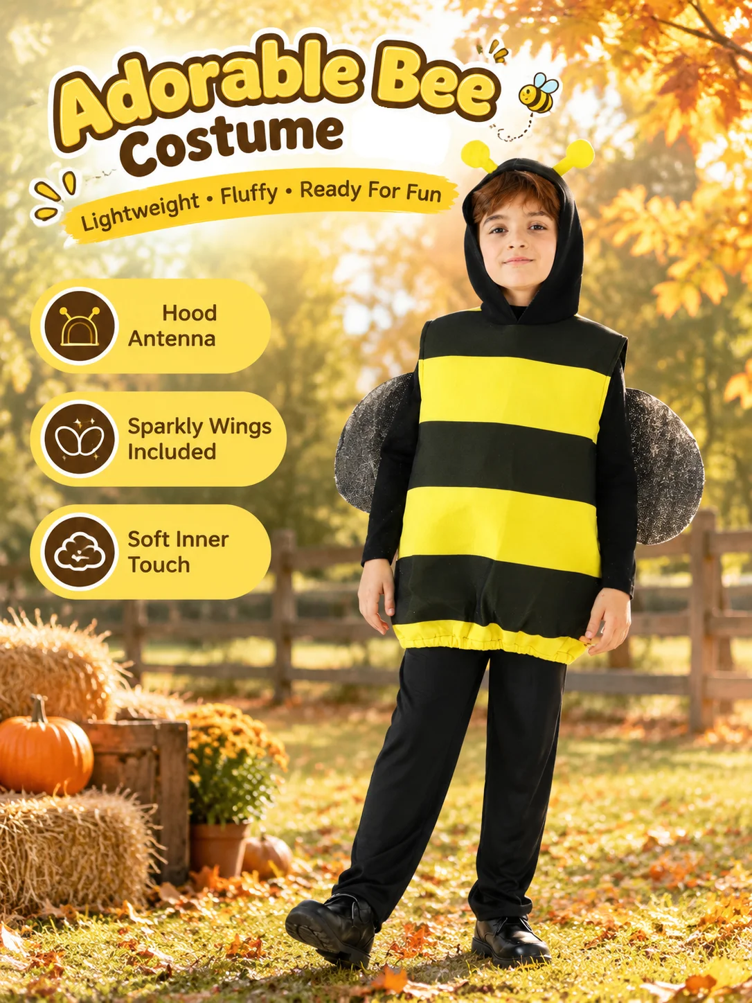 Kids Bee Outfit, Children Bee Sleeveless Hooded Vest with Wings, Party costumes, halloween costumes, cosplay carnival costumes - view 5