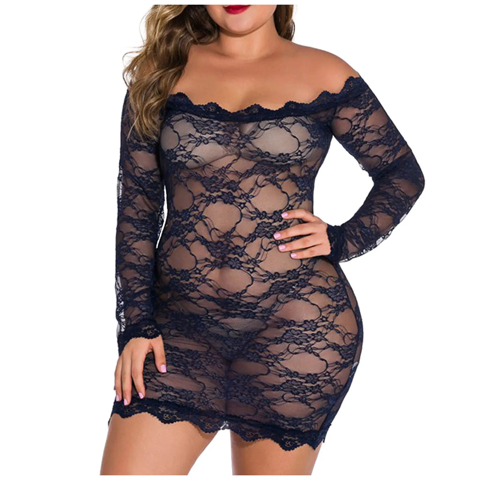 Pigiama sexy con spalle scoperte Moda donna Taglie forti Intimo Lingerie di pizzo Tuta Intimo Pigiama Set Camicia da notte erotica