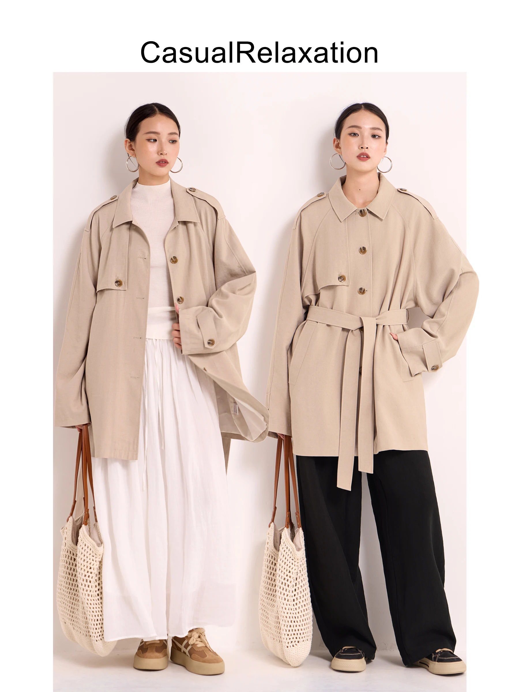 

Women's ort Coat Jaet Loose Fit Casual Sle Light Khaki Color New Autumn Season Faionable Waist-Cinching Outerwear