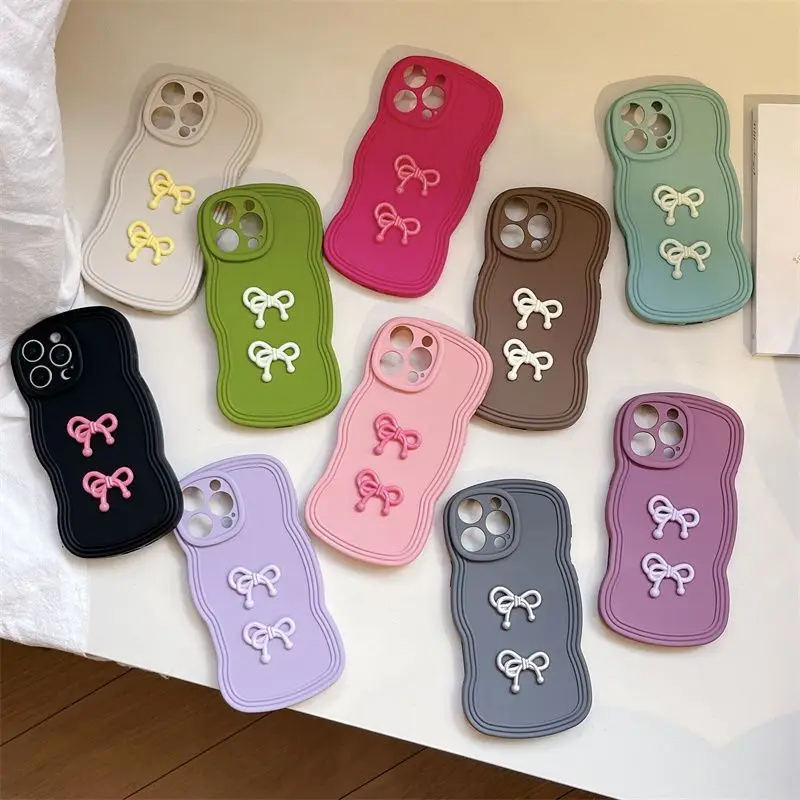 

Чехол для телефона для iPhone 16, 15, 14, 13, 12, 11 Pro Max Plus, новый корейский INS кремового цвета с волнистой рамкой, мягкий защитный чехол с 3D бантом