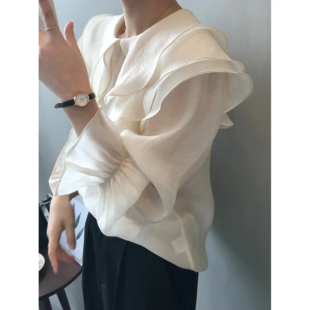 Women Clothing Shirt Spring AUTUMN Ruffled Turn-down Collar Casual Simple Solid  New Fashion Blouse for Women