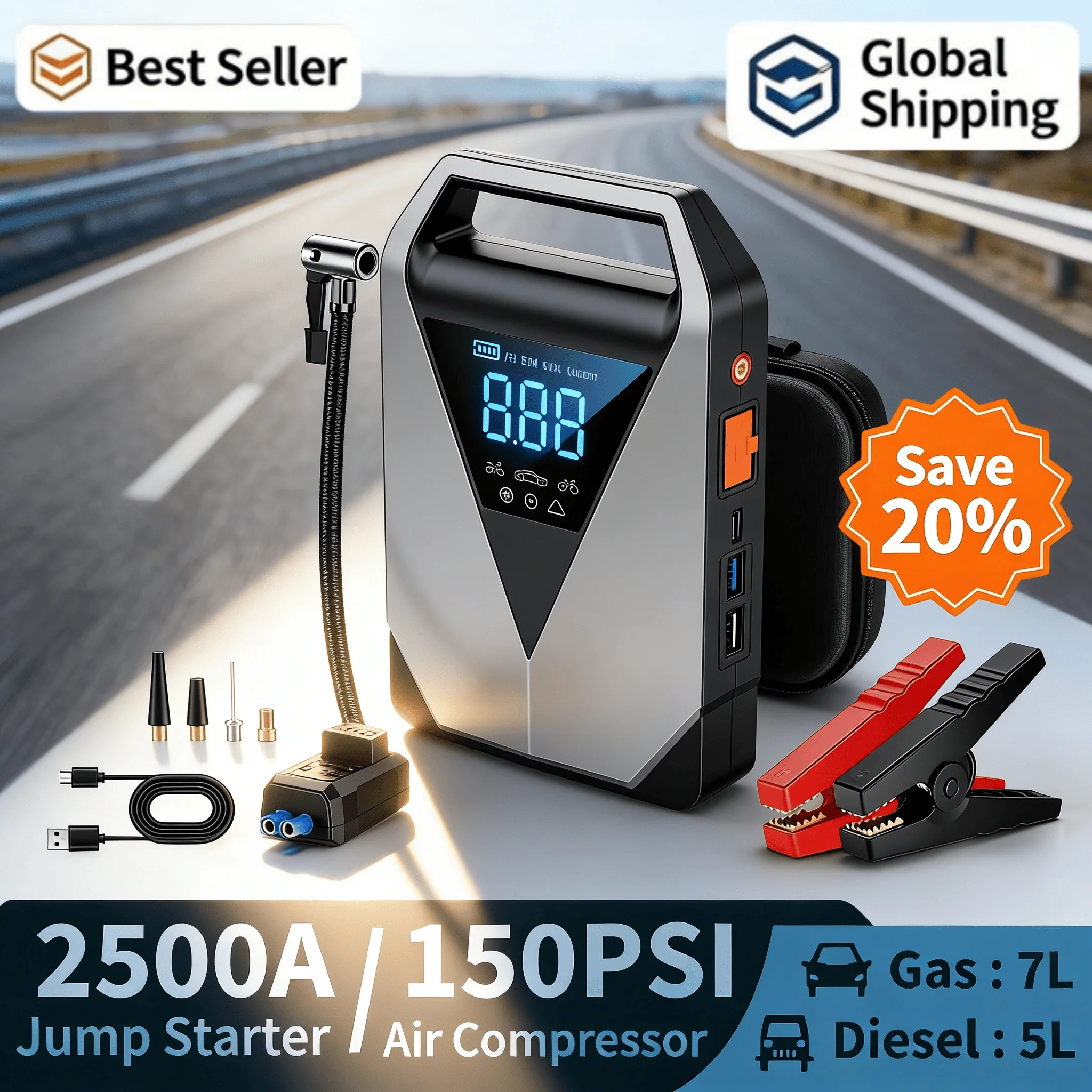 

Пусковое устройство для автомобиля 2500А 12В с компрессором 150PSI, портативный насос для подкачки шин и бустер для аварийных ситуаций в легковых и грузовых автомобилях, внедорожниках