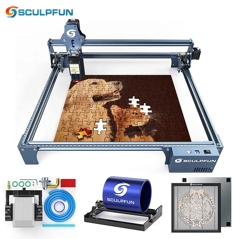 

SCULPFUN S9 Laser Engraving with Air Assist Nozzle Kit 30L/min Air Pump cutting machine Rotary 360° Roller and Honeycomb Table