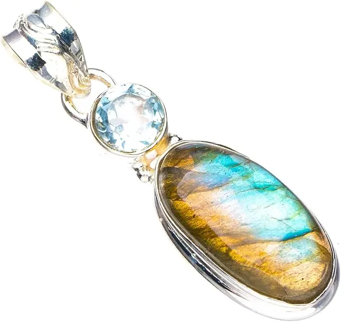 StarGems Natural Blue Fire Labradorite Blue Topaz Handmade 925 Sterling Silver Pendant 1.5