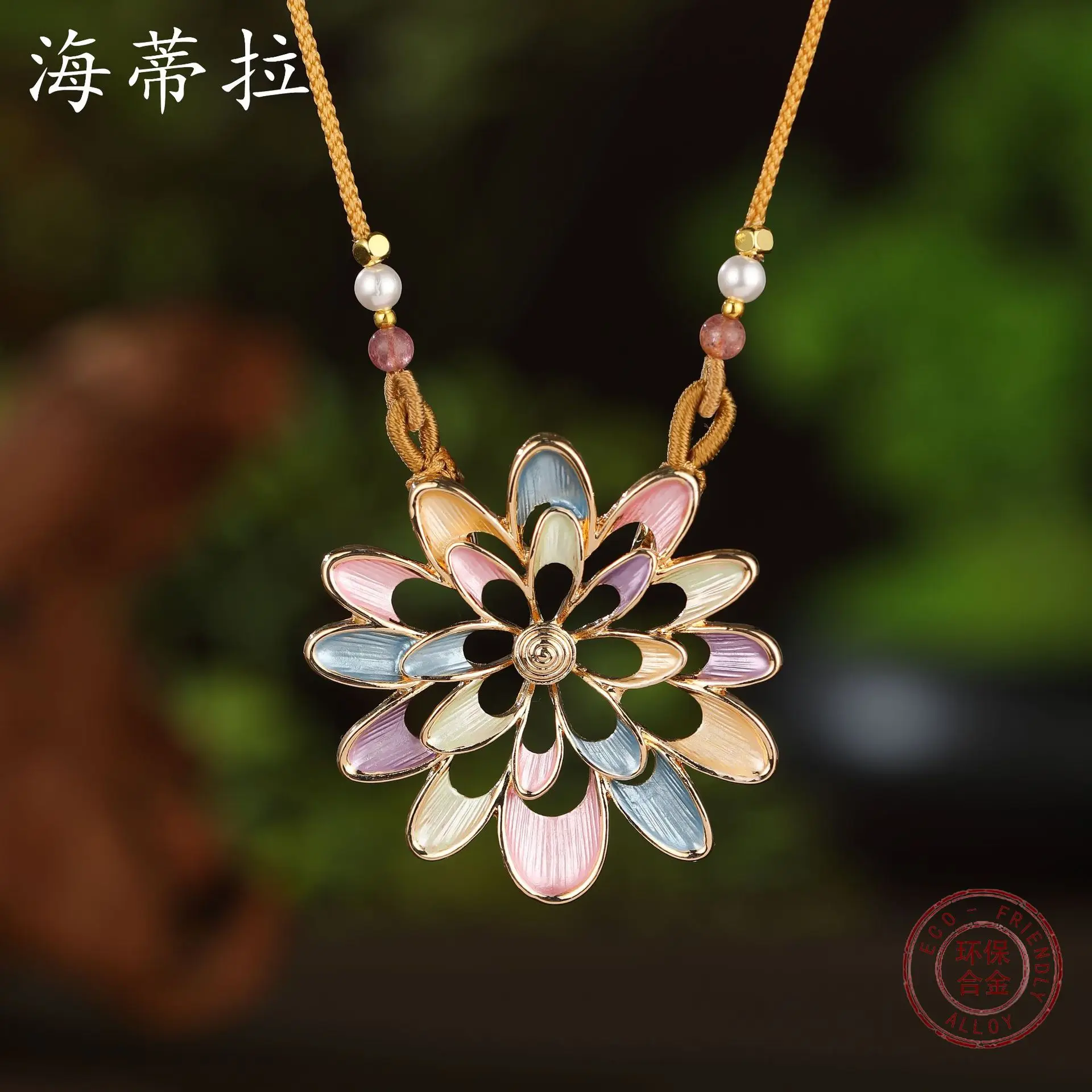 

new color painting oil hollow sunflower woven rope long pendant women's autumn and winter retro flower long necklac