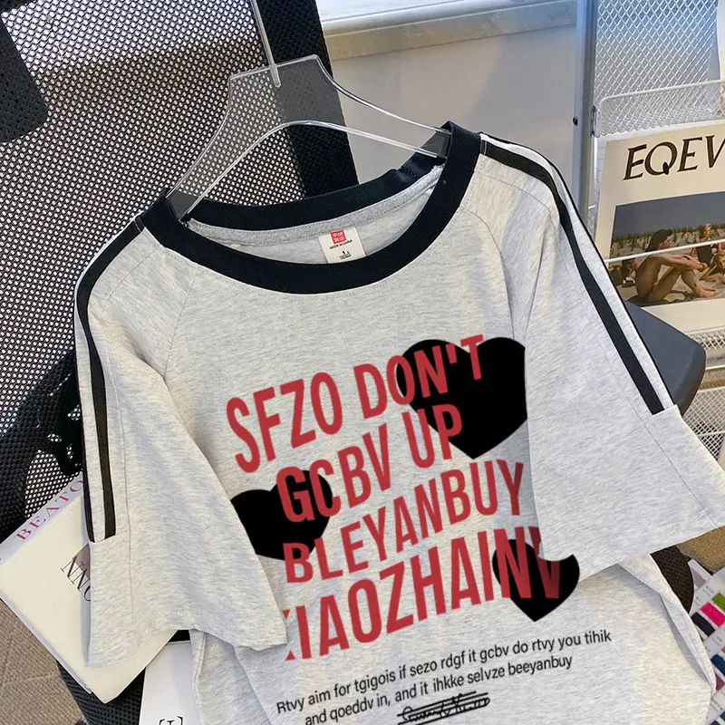 2024 Summer New Trendy Brand Design Sense Love Letter Print Three-pole Short Sleeve T-shirt Cotton Versatile Top