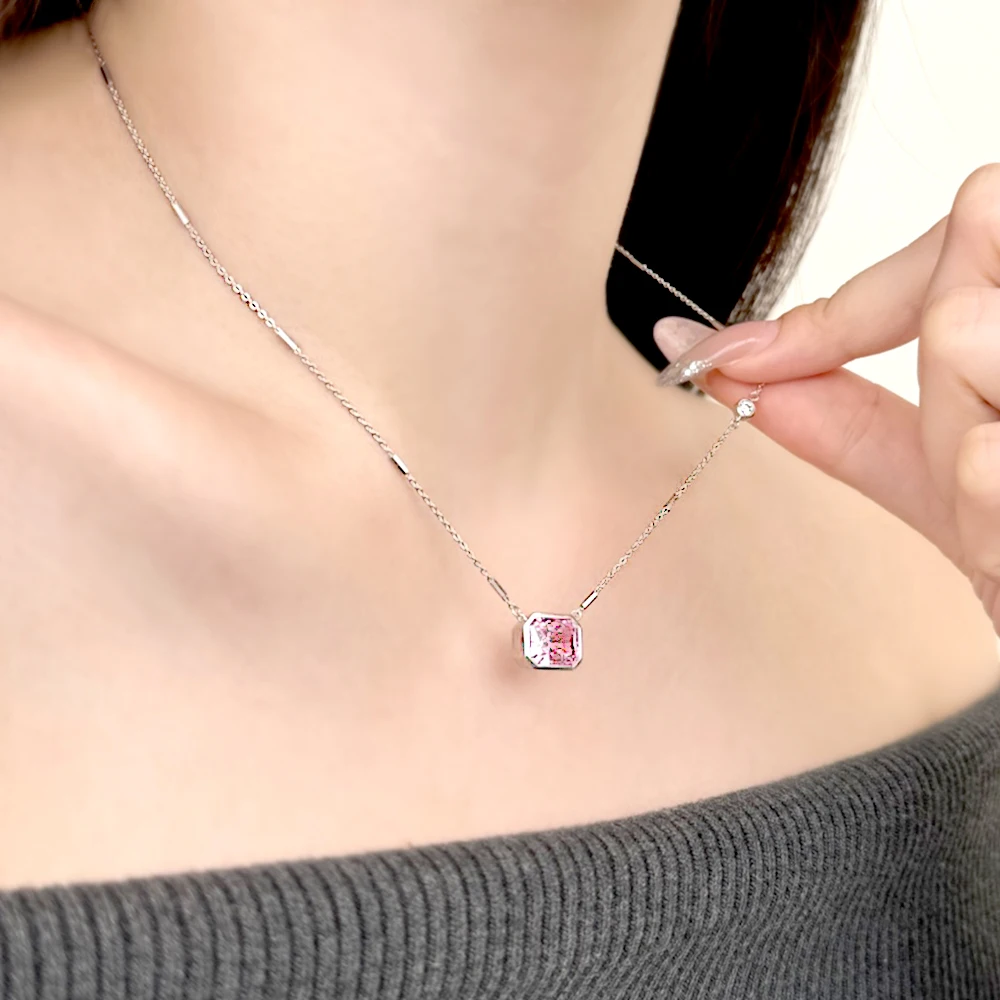 Real S925 Sterling Silver Pink Necklace Women Brilliant Rectangular Diamond Pendant Necklace Female Luxury Jewelry 8A Zircon