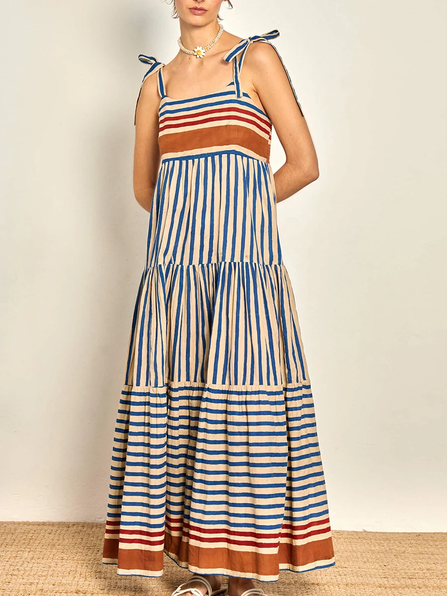 

Women s Summer Long Cami Dress Sleeveless Open Back Low Cut Flowy Stripe Shrimp Print Dresses