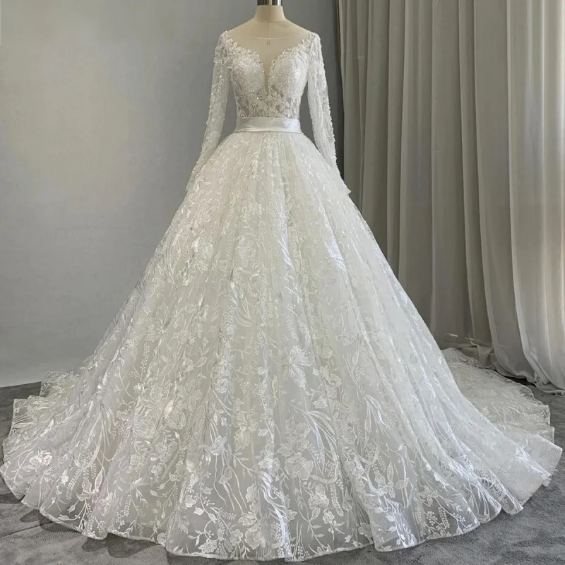 Shiny White Wedding Dresses off-shoulder flower glitter Lace decal A-line skirt long tail Gowns Made wedding dress