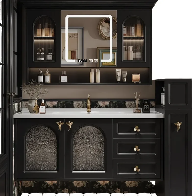 French Retro Bathroom Half Wall Rubber Wood Cabinet with Side Pull Basket Storage Ceramic Integrated Washstand