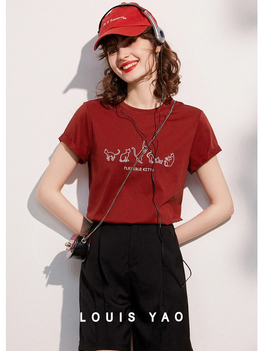 

LOUIS YAO Women T-shirt 2024 Summer Top Round Neck Short Sleeve Embroidery Cat Casual Apricot Red White Tee Women's Top