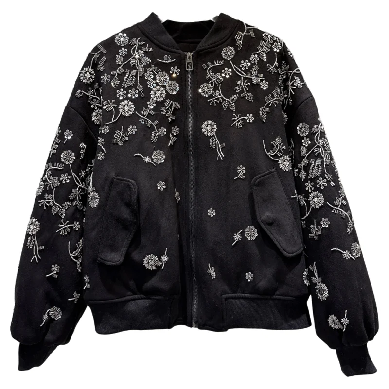 Vintage bordado miçangas camurça feminino algodão-acolchoado casaco oversize gola zip jaqueta de beisebol manga longa casacos acolchoados