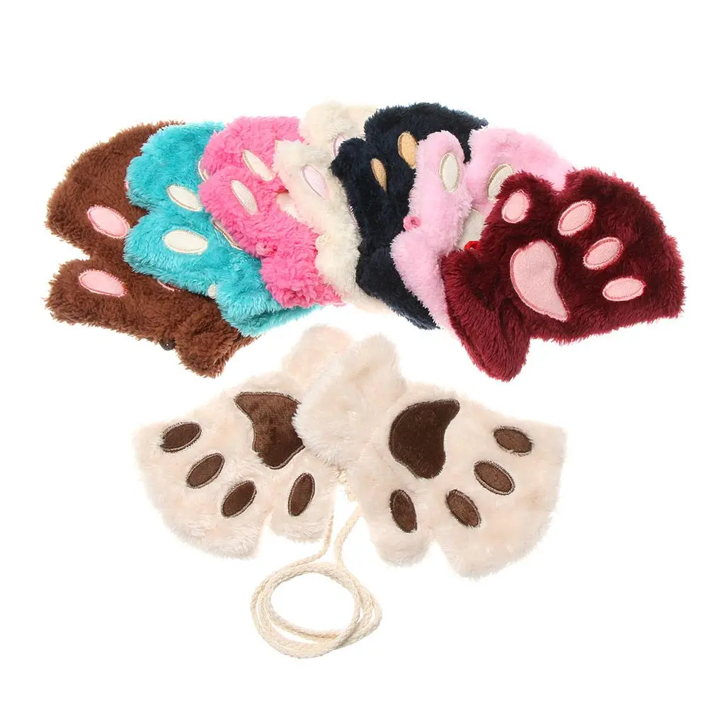 Lovely Warm Winter Warm Plush Mittens Children Gloves Fingerless Cat Paw