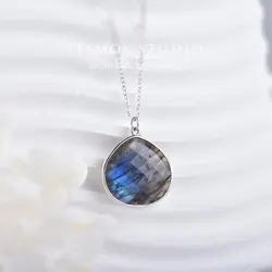 ITSMOS Natural Labradorite Silver Plated Pendant Necklace Simple Faceted Waterdrop Stone 25mm Elegant Jewelry for Women Romatic