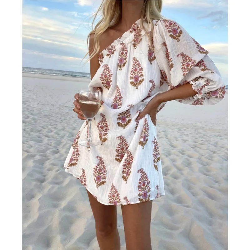 

Spring/Summer Women's Fashion Diagonal Shoulder Lantern Sleeve Dress Casual Loose Fitting Dress Simple Plant Print Pleated Dress