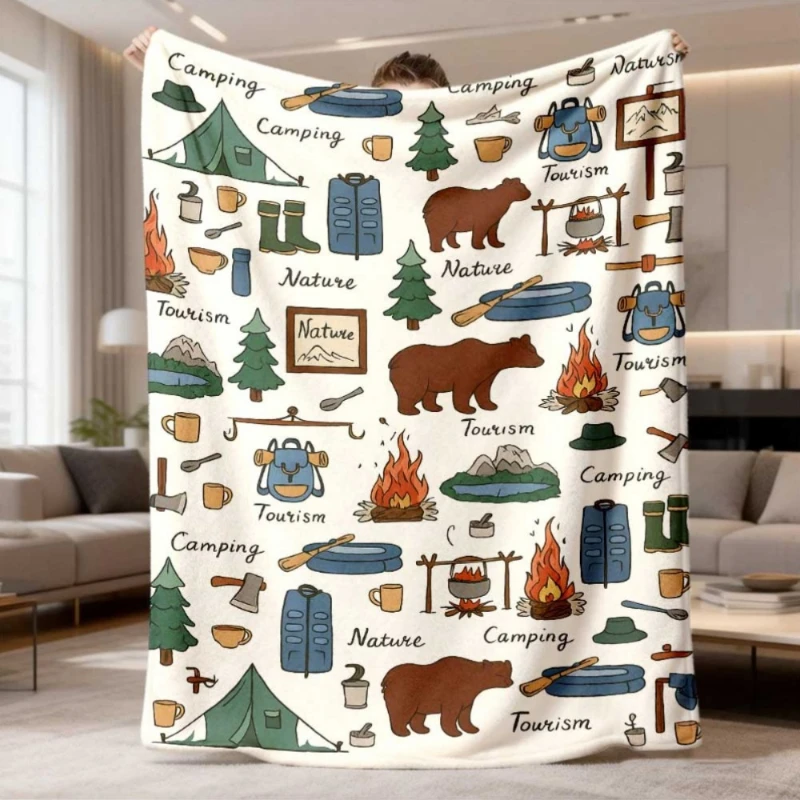 Cartoon Hand Drawn Camping Element Full Print Throw Blanket,Warm Sofa,Travel Cover, Anniversary Outdoor Style Indoor Offering