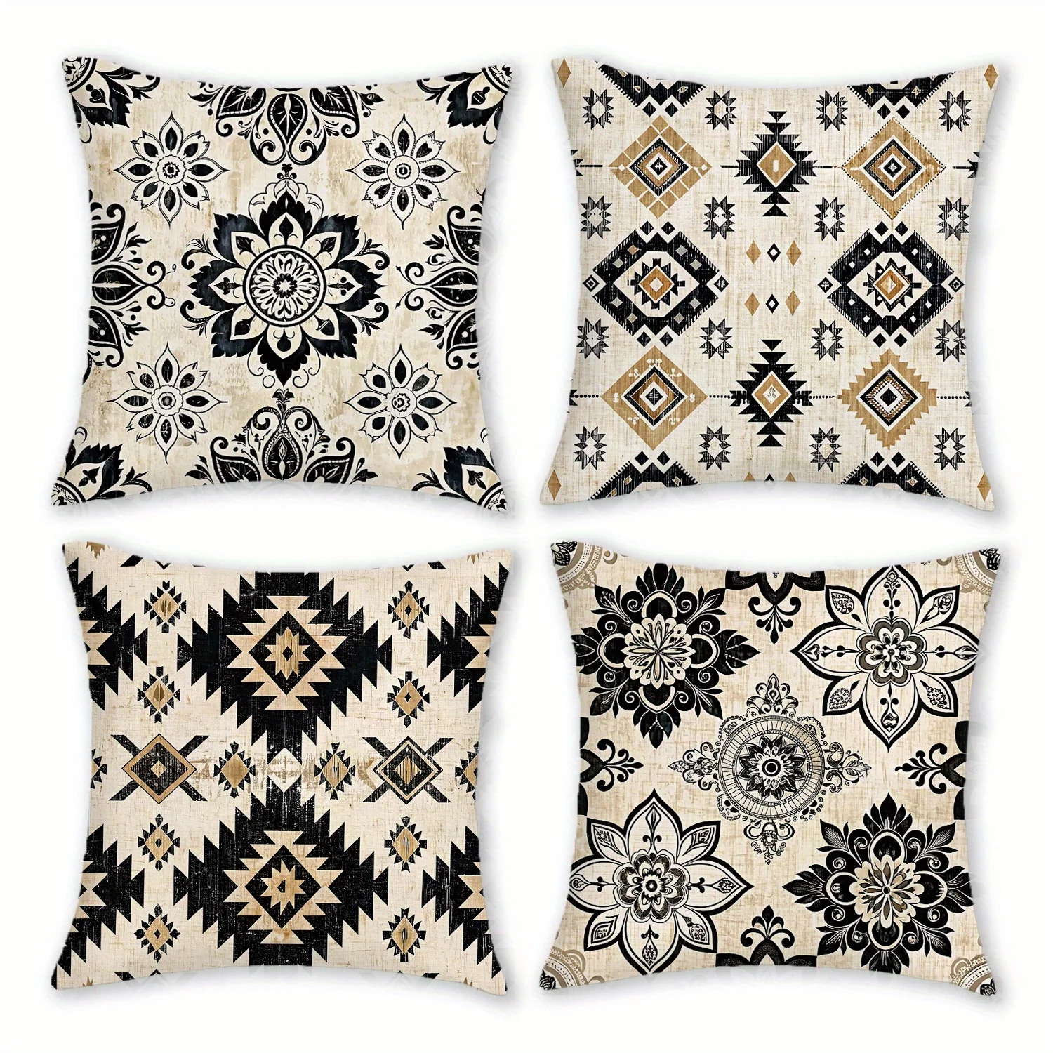 

4 шт., короткие плюшевые черные наволочки в стиле бохо с геометрическим цветочным рисунком, 18 дюймов * 18 дюймов, уютные декоративные наволочки в этническом стиле, молния Clo