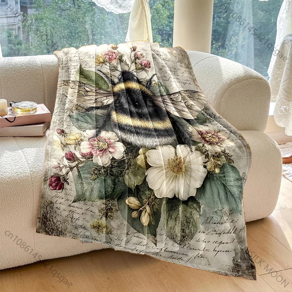 1PC Vintage bee floral manuscript Print Adult Children Warm Blankets Home Travel Car Soft Comfortable Suitable for all seasons