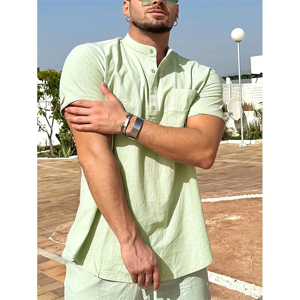 Sommer Heißer Verkauf männer T-shirt Baumwolle Leinen Henley Neck Casual Atmungsaktive Leichte Einfarbig Tasche Taste Tops – Detail 9