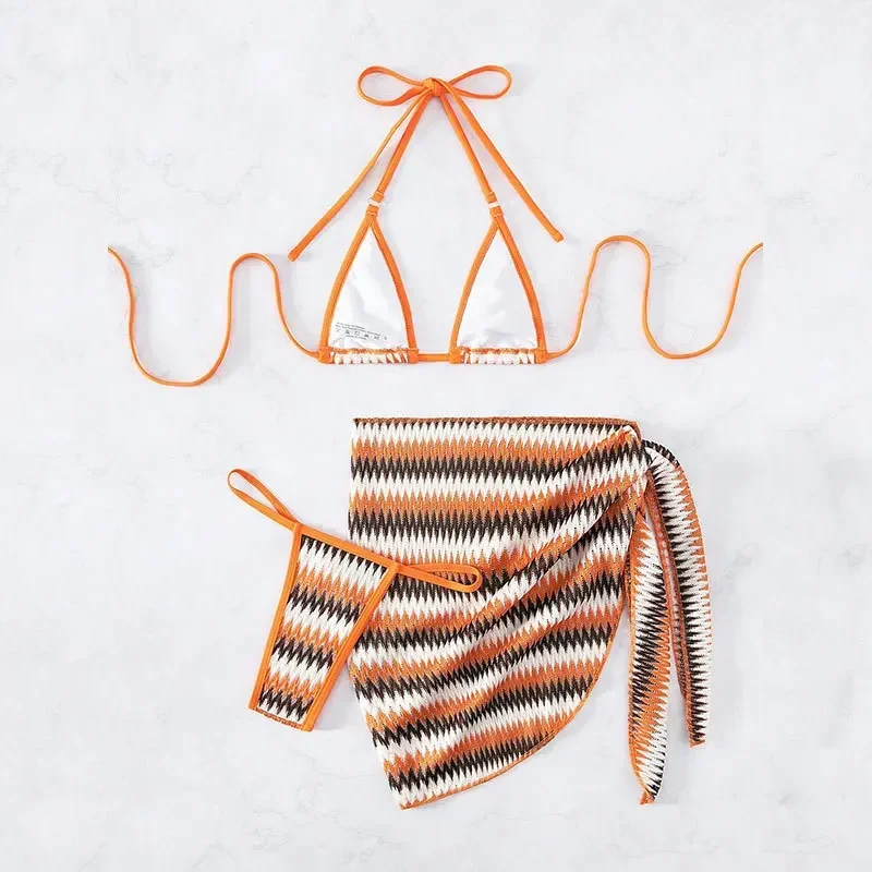 Costume da bagno sexy a righe per donna, bikini arancione in 3 pezzi, perizoma, vita bassa, mini costumi da bagno a 3 punti, gonna da spiaggia, bretelle, senza schienale, nuovo