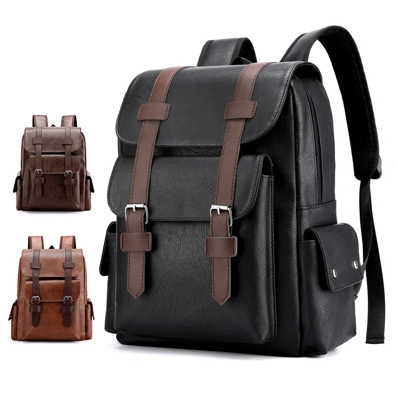 2024 Men Backpack PU Leather Bagpack Large Laptop Backpacks Male Mochilas Black Schoolbag For Teenagers Boys Brown