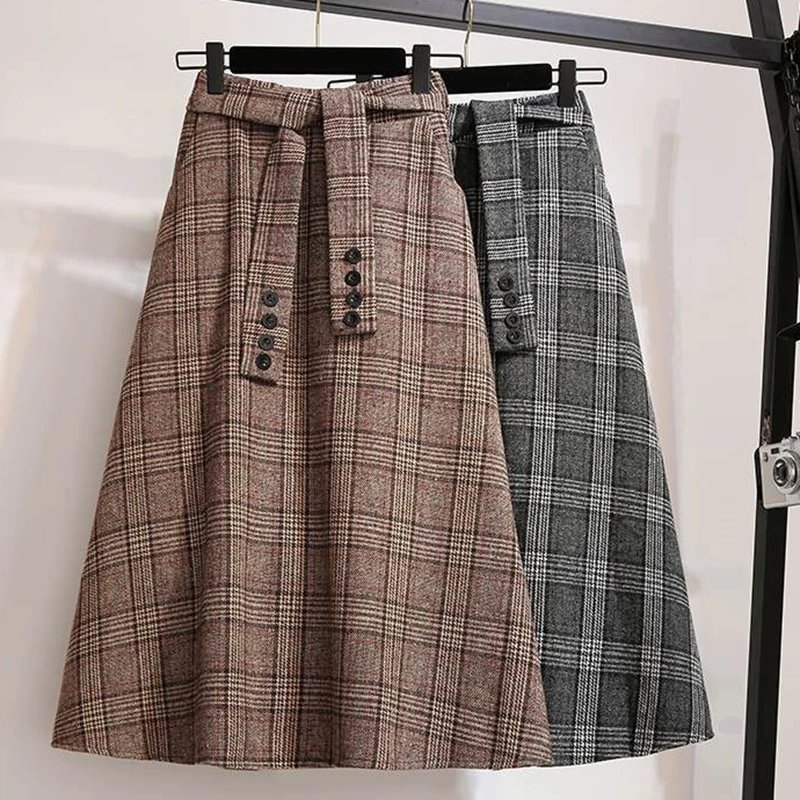 

Vintage Plaid Woolen Skirt Women Autumn Winter Button Belt Bandage Work Midi Long Skirt Grey Khaki