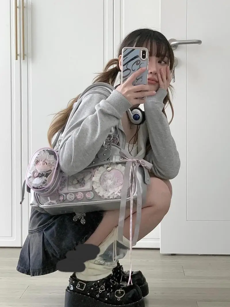 Xiuya Japanese Cute Handbags for Women Lolita Cute Itabag Fashion Silvery Sweet Girls Underarm Biker Bags Casual Shoulder Bag