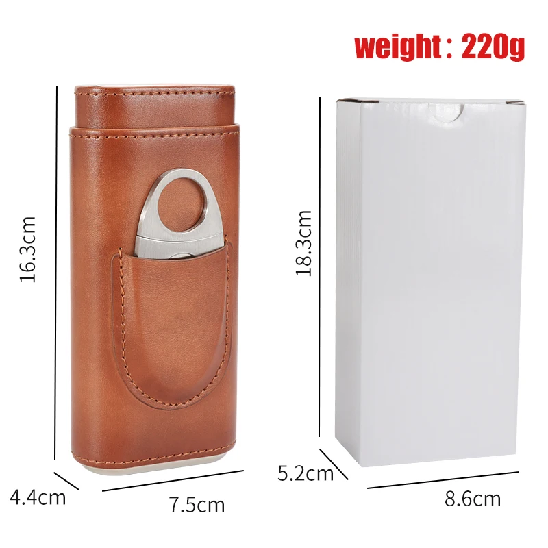 

Good Quality Cigar Case Three-Finger Portable Cigar Humidor Cowhide Material Leather Case Box With Silver Cigar Cutter Gift