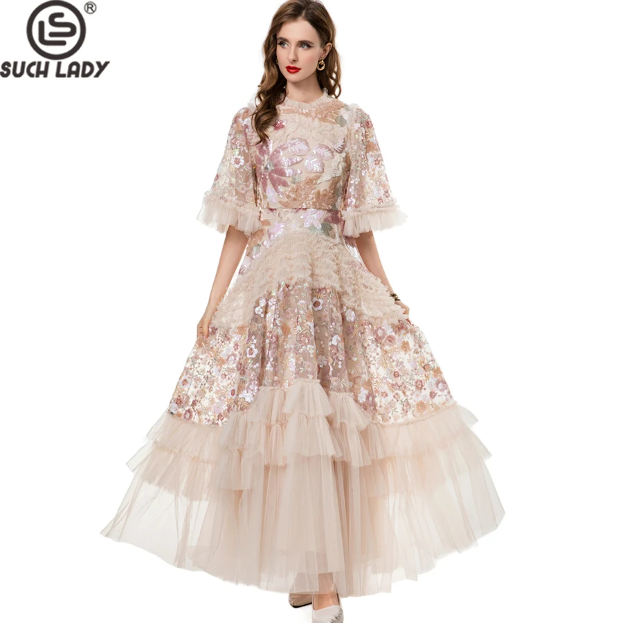 Women's Dress O Neck Short Sleeves Sequined Floral Patchwork Ruffles Elegant Designer Party Prom Gown Maxi Vestidos S- 4XL