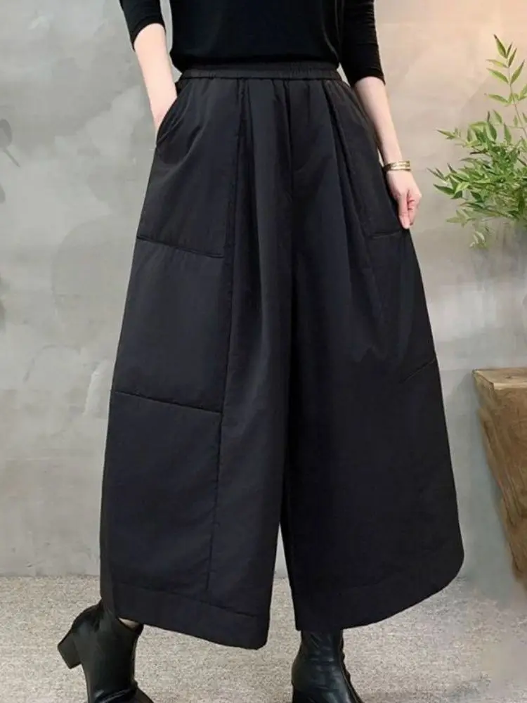 Fashion elastic waist design sense splicing wide-leg pants women's 2025 autumn and winter large size loose and thin casual pants