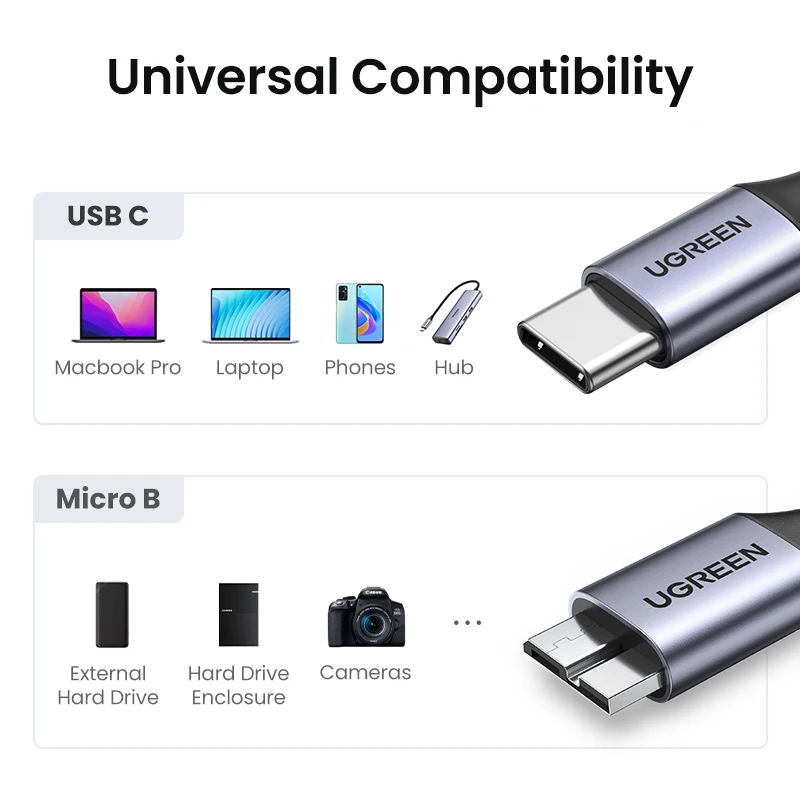 Ugreen-USB C to Micro B 3.0 케이블 5Gbps 3A 맥북 하드 드라이브 디스크 용 고속 데이터 동기화 코드, HDD SSD 케이스 USB c타입 마이크로 B 케이블